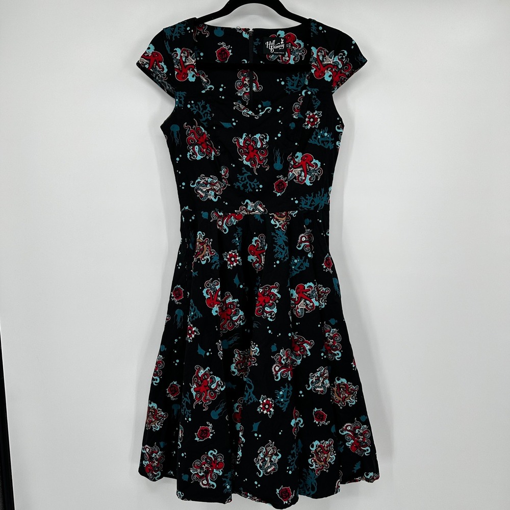 Hell Bunny Octopus Tattoo Dress XS Black Nautical Rockabilly Fit Flare Pinup